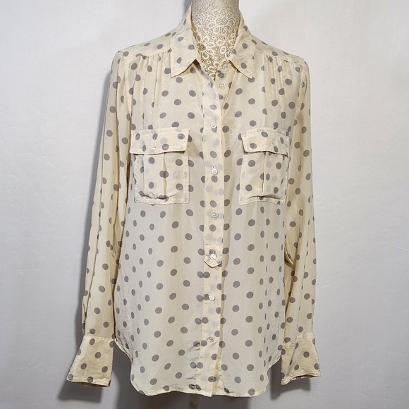 J. Crew Size 4 100% Silk Women's Top Cream Gray Polka Dot Button Down Top City - Picture 1 of 14